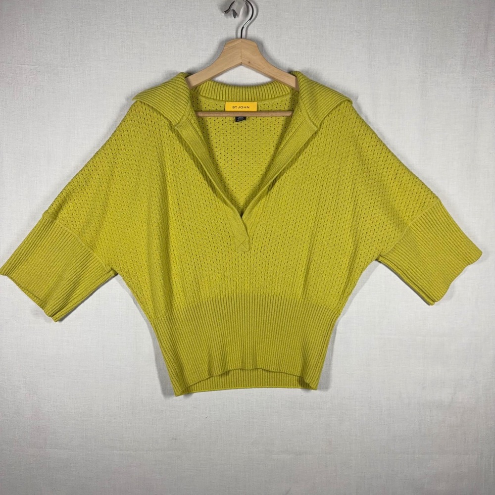 St John Knit Top Women Large Chartreuse Preppy Vibrant OfficeWear V Neck Shirt